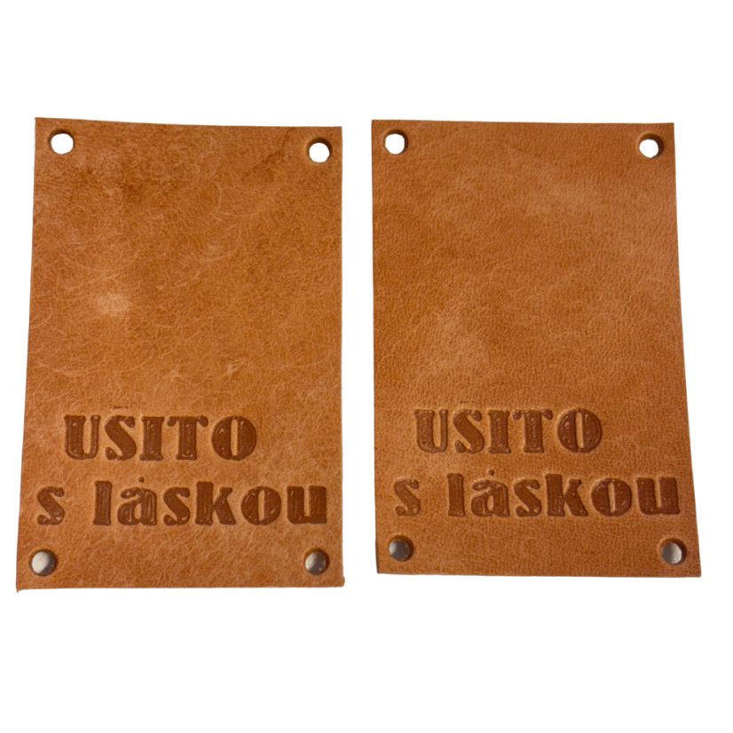 Cedulka kožená 60x40mm UŠITO S LÁSKOU (Barva Capuccino)